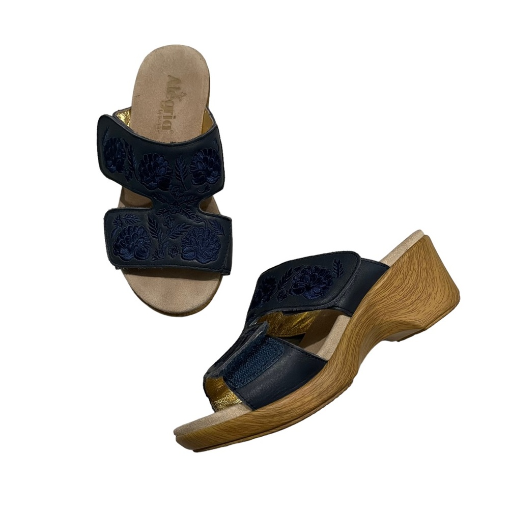 Alegria LIN-622N Blue Floral Embroidered Wedge Sandals, Sz 37 - Picture 1 of 15